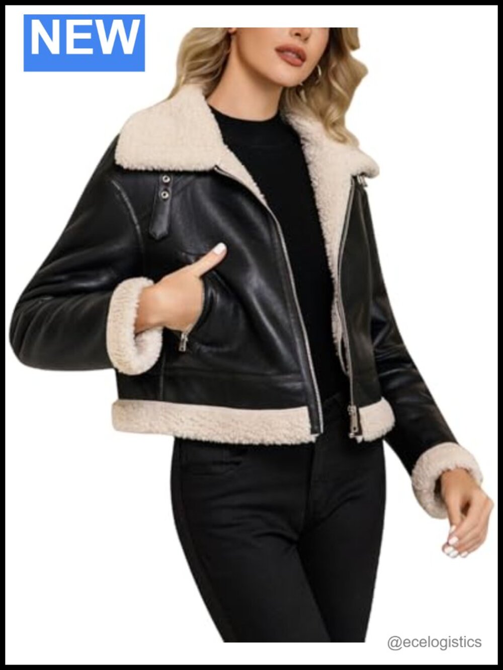 Women Faux Leather Cropped Moto Jacket with Faux Fur Lining